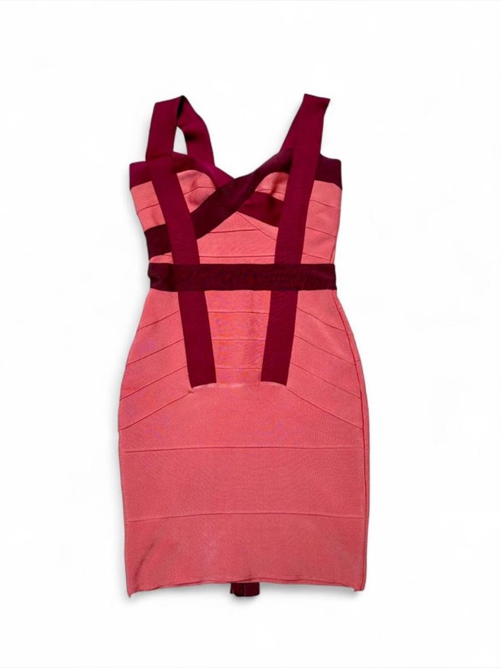 Fitted Pink Bandage Dress with Burgundy Accents